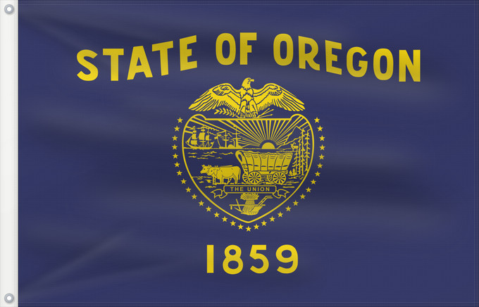 Bandera, con dos ojales metálicos y lado del asta reforzado: Oregon Oregon obverse The flag was adopted by the state on February 26, 1925. The state seal was decided in 1903 L Oregon face Oregón anverso ᎤᏩᎦᏂ ᎦᏓᏘ De l Oregon Ka hae ‘Olekona Oregoniae Óogin Hahoodzo bidah naatʼaʼí Флаг Орегона Američke savezne dr