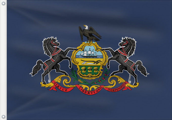 Drapeau, avec deux œillets métalliques et guindant renforcé : Pennsylvania Pennsylvanie Pensilvania Pennsylvanien ᎤᎩᏓᎵᏱ ᎦᏓᏘ Ka hae Penekelewinia ペンシルベニア州の旗 中文:賓夕法尼亞州州旗 Pennsilvaniae Pénsówéíniyah Hahoodzo bidah naatʼaʼí Pennsilfaani Флаг Пенсильвании Američke savezne države Pennsylvanie Pennsylvanias 賓夕法尼亞州州旗