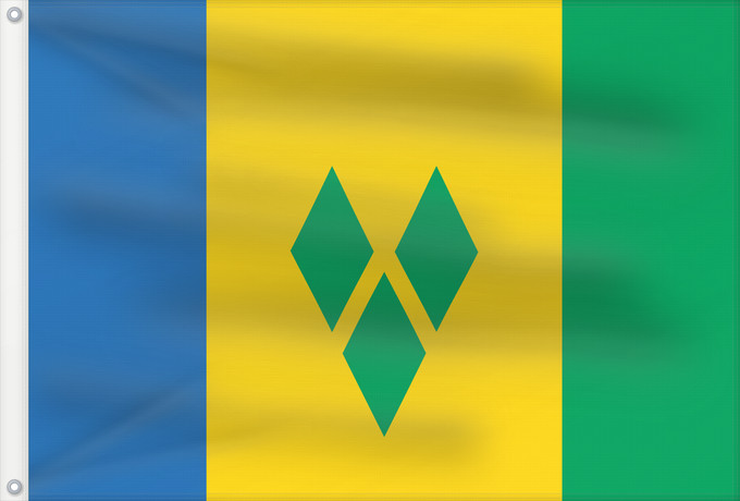 Bandera, con dos ojales metálicos y lado del asta reforzado: Saint Vincent and the Grenadines	Saint-Vincent-et-les Grenadines	San Vicente y las Granadinas	St. Vincent und die Grenadinen	Saint Vincent e Grenadine	Флаг Сент-Винсента и Гренадин	Saint Vincenta in Grenadin