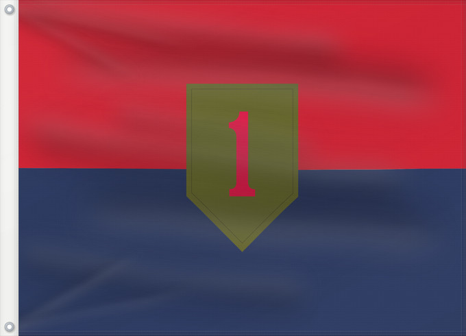 Bandera, con dos ojales metálicos y lado del asta reforzado: United States Army 1st Infantry Division 1re Division d'infanterie de l'armée américaine 1.ª División de Infantería del Ejército de los Estados Unidos 1. Infanteriedivision der United States Army 1ª Divisione di fanteria dell'esercito degli Stati Uniti