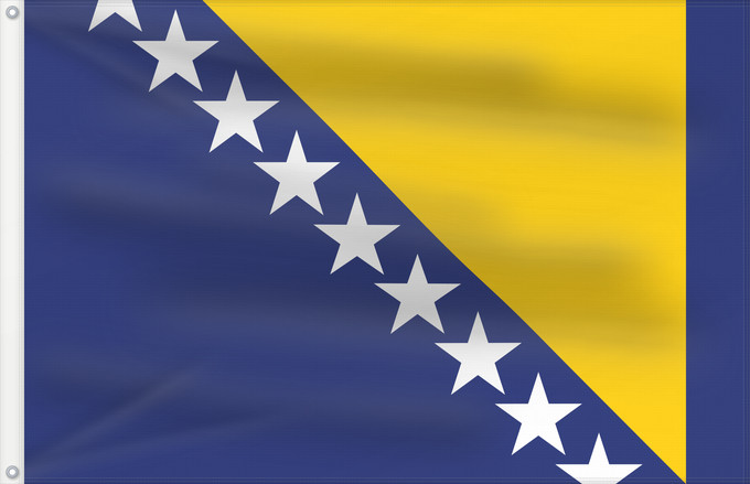 Drapeau, avec deux œillets métalliques et guindant renforcé : Bosnia and Herzegovina Bosnie-Herzégovine Bosnia y Herzegovina Bosnien und Herzegowina Bosnia-Erzegovina Bosnië en Herzegovina Bośni i Hercegowiny علم البوسنة والهرسك Bosne i Hercegovine Bosny a Hercegoviny Боснꙑ ꙁнамѧ / Ⰱⱁⱄⱀⱏⰺ ⰸⱀⰰⰿⱔ Bosnien-Hercegovinas