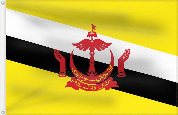 Bandera, con dos ojales metálicos y lado del asta reforzado: Brunei	Brunei Darussalam	Brunéi	علم بروناي	Bruneis	Brunein	브루나이의 국기	Bruney	Brunei / بنديرا بروني	ဘရူနိုင်းနိုင်ငံ၏ အလံတော်	Флаг Брунея	Bruneja	புரூணை கொடி	ธงชาติบรูไนดารุสซาลาม	Watawat Brunay	Cờ Brunei	​文莱国旗
