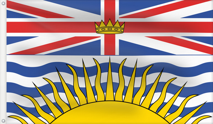 Bandera, con dos ojales metálicos y lado del asta reforzado: British Columbia	Colombie-Britannique	Columbia Británica	Columbia Britannica	Banniel proviñs Kolombia Vreizhveuriat  British Columbia