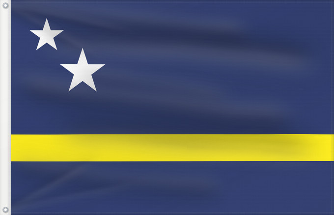 Drapeau, avec deux œillets métalliques et guindant renforcé : Curaçao	Curazao	Curacao	Curaçao is a blue field with a horizontal yellow stripe slightly below the midline and two white