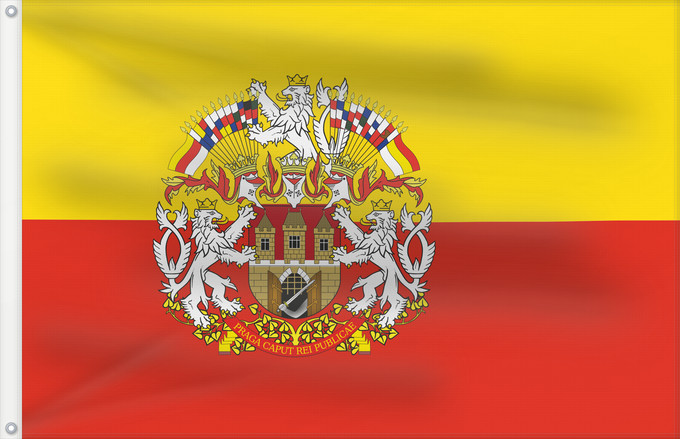 Bandera, con dos ojales metálicos y lado del asta reforzado: Prague flag with CoA	Prague flag with coats of arms	Prague	Praga	Prahy se znakem Prahy