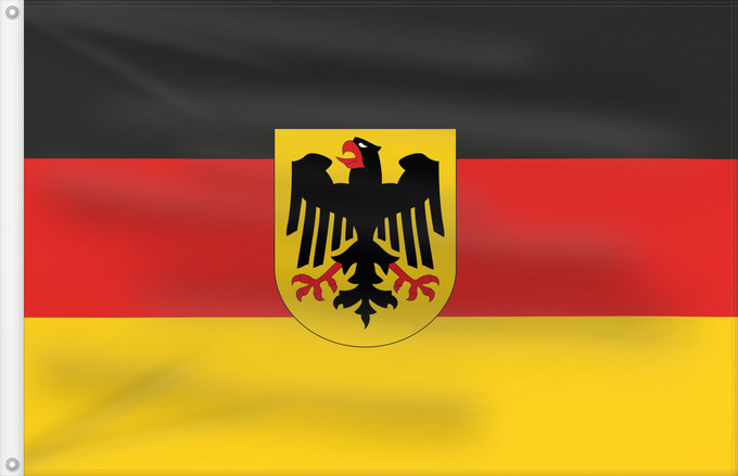 Bandera, con dos ojales metálicos y lado del asta reforzado: Germany  state	Bundesdienstflagge  Flag of the federal authorities of Germany	Allemagne	La Bundesdienstflagge está reservada para las autoridades federales alemanas	Die Bundesdienstflagge ist den deutschen Bundesbehörden vorbehalten	Germania