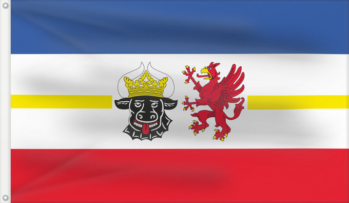 Bandera, con dos ojales metálicos y lado del asta reforzado: Mecklenburg-Western Pomerania Mecklenburg-Vorpommern Mecklembourg-Poméranie-Occidentale Mecklemburgo-Pomerania Occidental Meclemburgo-Pomerania Anteriore