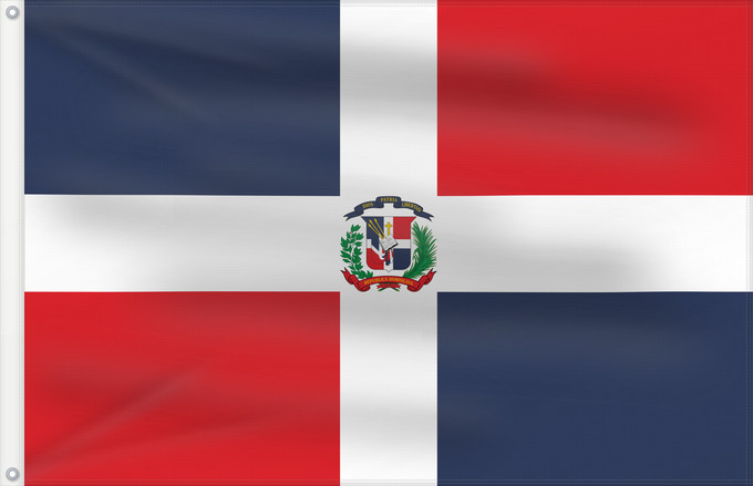 Bandera, con dos ojales metálicos y lado del asta reforzado: Dominican Republic	Dominican Republic has a centered white cross that extends to the edges	République dominicaine	Republica Dominicana	Dominikanischen Republik hat ein zentriertes weißes Kreuz	Repubblica Dominicana	Dominicaanse Republiek	Nacional da Repúb