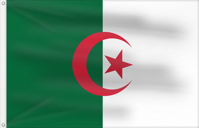 Flag, with two metal eyelets and reinforced hoist: Algeria L Algérie Argelia Algerien Dell Algeria Algerije Argélia Algierii Vo Algérie علم الجزائر Σημαία της Αλγερίας Alĝerio Algerian דגל אלג יריה Algéria Aljazair アルジェリアの国旗 Asenǧaq n Dzayer 알제리의 국기 Drapèu d Argeria Флаг Алжира Alžirije Algeriets ⴰⵏⴰⵢ ⴰⴷⵣ