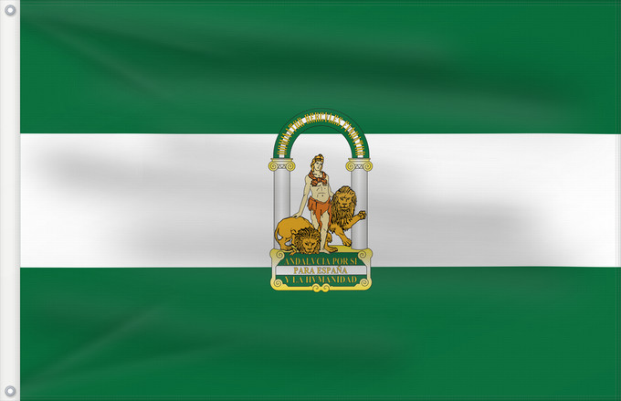 Bandera, con dos ojales metálicos y lado del asta reforzado: Andalucía	Autonomous Comunity of Andalusia  Spain	Andalusia	Comunidad Autónoma de Andalucía  España