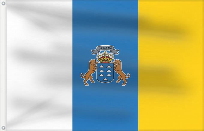 Bandera, con dos ojales metálicos y lado del asta reforzado: Canary Islands Communauté autonome des îles Canaries Espagne Comunidad Autónoma de Canarias España Kanarischen Inseln Isole Canarie カナリア諸島自治州の州旗。