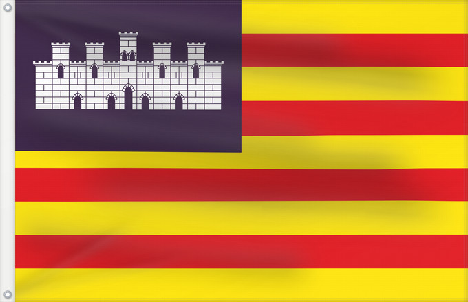 Drapeau, avec deux œillets métalliques et guindant renforcé : Balearic Islands	Balearic Islands, Spain	Îles Baléares, Espagne	Islas Baleares, España	Balearic Islands	Isole Baleari	Balearów, Hiszpania