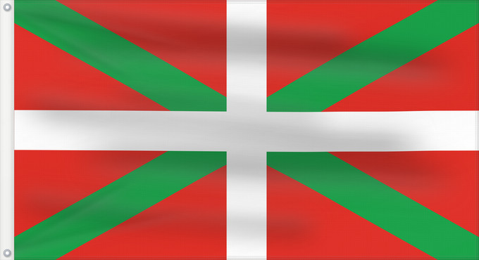 Bandera, con dos ojales metálicos y lado del asta reforzado: Basque Country	Autonomous region of the Basque Country A white cross over a green saltire on a red field	Basque Country	Ikurriña Bandera de la Comunidad autónoma del País Vasco	Autonomen Region Baskenland Ein weißes Kreuz über grünem Andreaskreuz auf rote