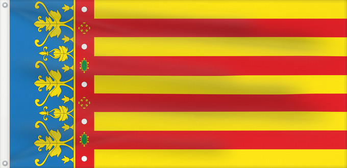 Bandera, con dos ojales metálicos y lado del asta reforzado: Land of Valencia  official	Land of Valencia, 1 2 ratio	Valencia Community	Comunidad Valenciana, proporciones 1 2	Valencian Community	Comunità Valenciana	D o Comunidat Balenziana	Comunidá Valenciana	Comunitat Valenciana, proporcions 1 2	Valentziako Erkideg