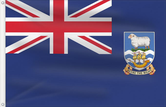 Bandera, con dos ojales metálicos y lado del asta reforzado: Falkland Islands	British flag of the Falkland Islands	Îles Malouines	Islas Malvinas	Falklandinseln	Isole Malvine	Ynysoedd y Falklands	Ynysow Falkland	Флаг Фолклендских островов