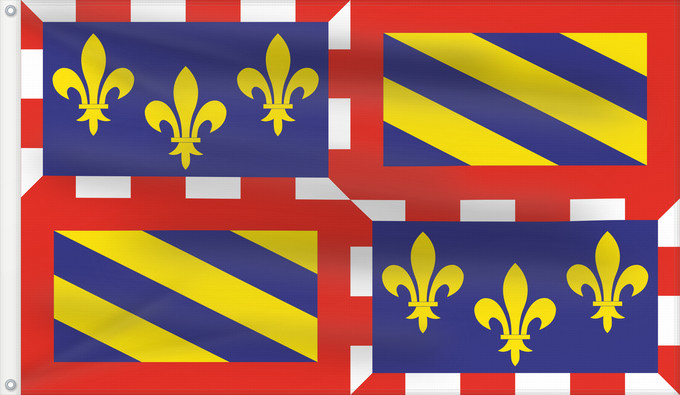 Flagge, mit zwei Metallösen und verstärktem Besatzband: Bourgogne	Region of Burgundy	Région Bourgogne	Región Borgoña	Burgund	Borgogna	Banniel Bourgogn	Burgundiae	Borgonha