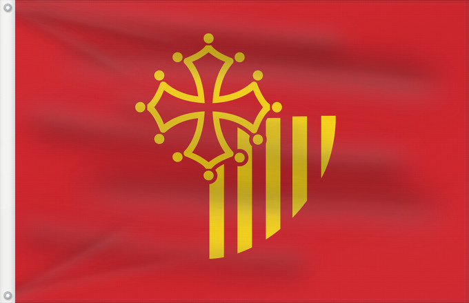 Bandera, con dos ojales metálicos y lado del asta reforzado: Languedoc-Roussillon	, until 2004, of the region Languedoc-Roussillon in France	Région Languedoc-Roussillon en France jusqu en 2004	Languedoc-Rosellón o Lenguadoc-Rosellón	Linguadoca-Rossiglione
