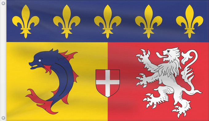 Drapeau, avec deux œillets métalliques et guindant renforcé : Rhône-Alpes	Region Rhône-Alpes in France	Région Rhône-Alpes en France	Ródano-Alpes	Rodano-Alpi	Franse regio Rhône-Alpes