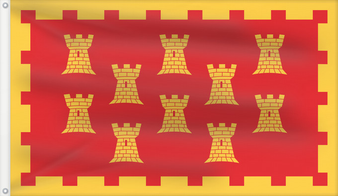 Flag, with two metal eyelets and reinforced hoist: Unofficial County Flag of Greater Manchester The County Flag of Greater Manchester is composed of ten golden castles arranged in rows of 3-2-3-2 on a red background Manchester