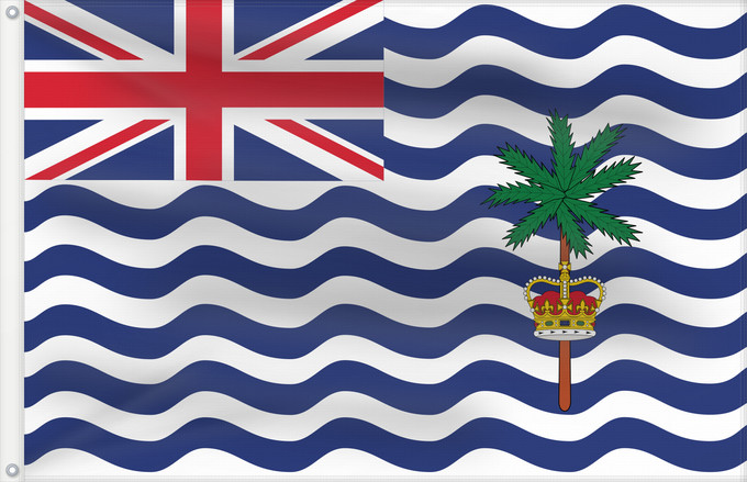 Drapeau, avec deux œillets métalliques et guindant renforcé : Commissioner of the British Indian Ocean Territory	British Indian Ocean Territory	Territoire britannique de l océan Indien	Territorio Británico del Océano Índico	Britisches Territorium im Indischen Ozean	Territorio Britannico dell Oceano Indiano	Bryttisca