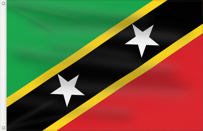 Bandera, con dos ojales metálicos y lado del asta reforzado: Saint Kitts and Nevis Saint-Christophe-et-Niévès San Cristóbal y Nieves St. Kitts und Nevis Saint Kitts e Nevis Saint Kitts a Nevis Shan Críostóir-Nimheas Sen Kitts ha Nevis Флаг Сент-Китса и Невиса Saunt Kitts an Nevis Saint Kittsa in Nevisa