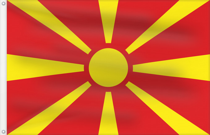 Bandera, con dos ojales metálicos y lado del asta reforzado: Macedonia	Republic of Macedonia	République de Macédoine	República de Macedonia	Republik Mazedonien	Repubblica di Macedonia	Republiek Macedonië	Macedonii	علم مقدونيا	Знамето на Република Македония	Makedoonia lipp	マケドニアの国旗	Знаме на Република Македонија	Drža