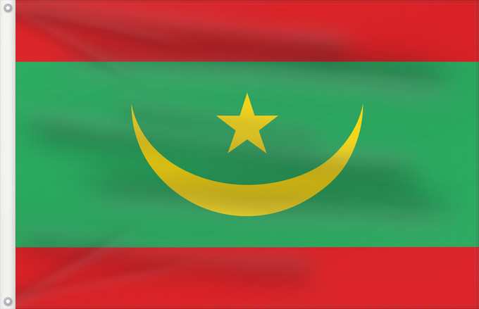 Flag, with two metal eyelets and reinforced hoist: Mauritania	Mauritanie	La Asamblea Nacional de Mauritania aprobó cambiar el diseño de la bandera nacional	Mauretanien	علم موريتانيا ، اعتمد في عام 2017. أضاف مجلس الأمة خطوطًا حمراء على الحافة العلوية والسفلية لتمثل  دماء شهداء الاستقلال