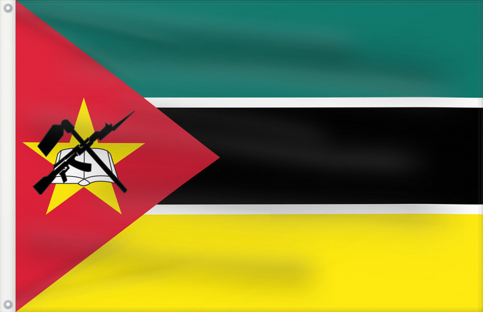 Bandera, con dos ojales metálicos y lado del asta reforzado: Mozambique Mosambik Mozambico Moçambique علم موزمبيق Mozambiko Mozambikas Republikas Sainan i Maozambika Флаг Мозамбика Mozambika Musaanbiiq Moçambiques Msumbiji