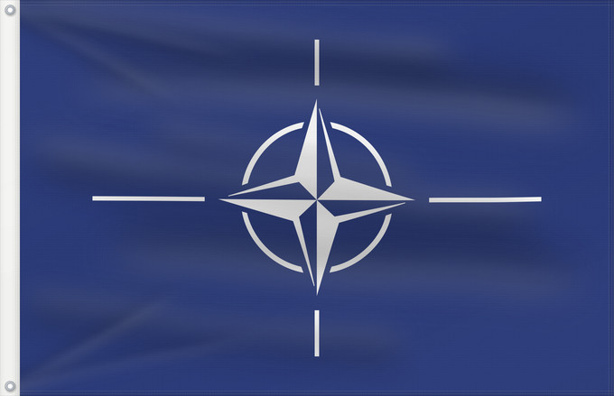 Flag, with two metal eyelets and reinforced hoist: NATO	North Atlantic Treaty Organization  NATO	L Organisation du traité de l Atlantique nord  OTAN	Organización del Tratado del Atlántico Norte  OTAN	Organizazione/ North Atlantic Starts Treaty	Dell Organizzazione del Trattato dell Atlantico del Nord  NATO