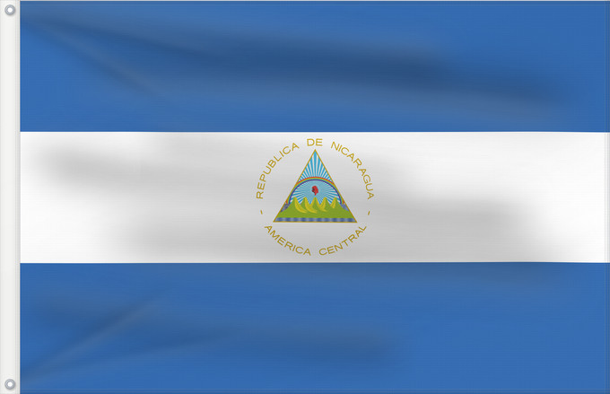 Bandera, con dos ojales metálicos y lado del asta reforzado: Nicaragua	La República de Nicaragua	Nikaragvo	Флаг Никарагуа	Nikaragve	Nicaraguas