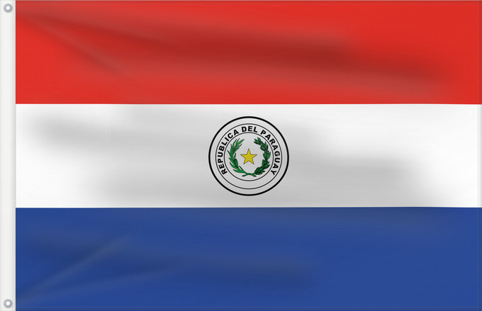 Bandera, con dos ojales metálicos y lado del asta reforzado: Paraguay	Paraguay  obverse	علم باراغواي	پرچم پاراگوئه  روی پرچم	Флаг Парагвая