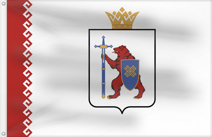 Drapeau, avec deux œillets métalliques et guindant renforcé : Mari El	République des Maris ou Mari El 	Mari-El (o Cheremia) 	Republik Mari El	Mari El Repubblica	Мари Эл ялавĕ	Марий Элын тистыже	Государственный флаг Республики Марий Эл