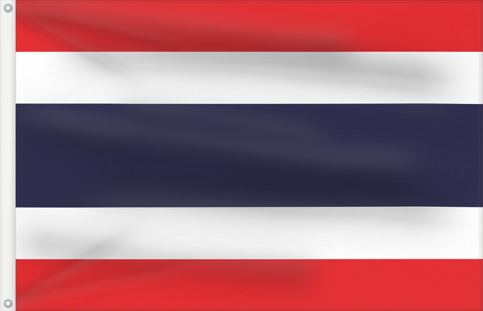 Bandera, con dos ojales metálicos y lado del asta reforzado: Thailand	The national flag of Kingdom of Thailand; there are total of 3 colours Red represents the blood spilt to protect Thailand’s independence and often more simply described as representing the nation	Thaïlande	Tailandia desde el año 2017; hay en tota