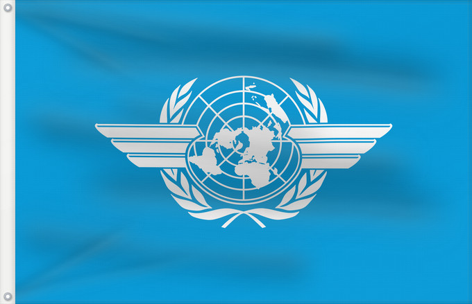 Bandera, con dos ojales metálicos y lado del asta reforzado: ICAO	International Civil Aviation Organization	L Organisation de l aviation civile internationale