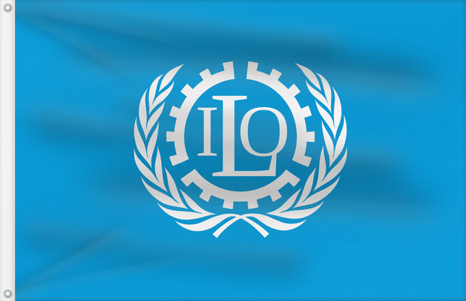 Drapeau, avec deux œillets métalliques et guindant renforcé : ILO	International Labour Organization	Organisation internationale du travail	Internationale Arbeitsorganisation	Dell Organizzazione Internazionale del Lavoro