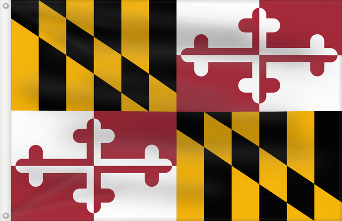 Bandera, con dos ojales metálicos y lado del asta reforzado: Maryland Stanowa Marylandu ᎺᎵᏂ ᎦᏓᏘ Ka hae Melelana Terræ Mariæ Méelin Hahoodzo bidah naatʼaʼí Флаг Мэриленда Američke savezne države Maryland