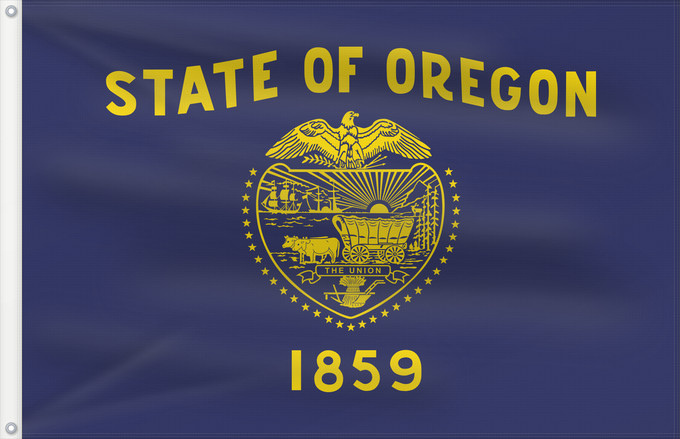 Flagge, mit zwei Metallösen und verstärktem Besatzband: Oregon	Oregon  obverse  The flag was adopted by the state on February 26, 1925. The state seal was decided in 1903	L Oregon  face	Oregón  anverso	ᎤᏩᎦᏂ ᎦᏓᏘ	De l Oregon	Ka hae ‘Olekona	Oregoniae	Óogin Hahoodzo bidah naatʼaʼí	Флаг Орегона	Američke savezne dr