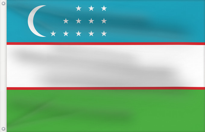 Bandera, con dos ojales metálicos y lado del asta reforzado: Uzbekistan	Ouzbékistan	República de Uzbekistán	Usbekistan	Repubblica dell Uzbekistan	Oezbekistan	Nacional da República do Uzbequistão	علم جمهورية أوزبكستان	Özbəkistan Respublikasının Dövlət	Дзяржаўны Сцяг Рэспублікі Ўзбекістан	Дзяржаўны Сьцяг Рэспублікі Ў