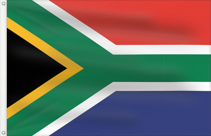 Bandera, con dos ojales metálicos y lado del asta reforzado: South Africa	Afrique du Sud	Sudáfrica	Südafrika	Sudafrica	South África Used color National flag | South African Government and Pantone Color Picker      green rendered as RGB 000 119 073Pantone 3415 C      yellow rendered as RGB 255 184 028Pantone 1235 C 