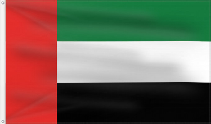 Drapeau, avec deux œillets métalliques et guindant renforcé : United Arab Emirates Émirats arabes unis Emiratos Árabes Unidos Vereinigten Arabischen Emirate Degli Emirati Arabi Uniti Verenigde Arabische Emiraten علم الإمارات العربية المتحدة ܐܬܐ ܕܐܡܝܪܘܬܐ ܥܪܒܝܬܐ ܚܕܝܬܐ ٴبىيرلاشمىيش ٴاراب امىيرلىيكلارىي بايراعى Spojenýc