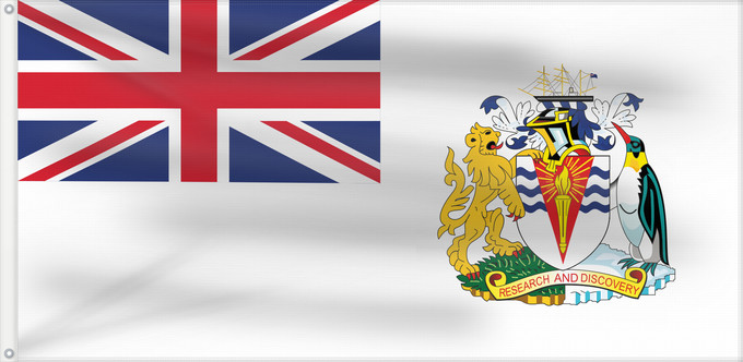 Flagge, mit zwei Metallösen und verstärktem Besatzband: British Antarctic Territory	Territoire antarctique britannique	Territorio Antártico Británico	Britisches Antarktis-Territorium	Territorio antartico britannico	Bryttisca Antarctisca Landscipes	Tiriogaeth Brydeinig yr Antarctig	The Breetish Antarctic Territ