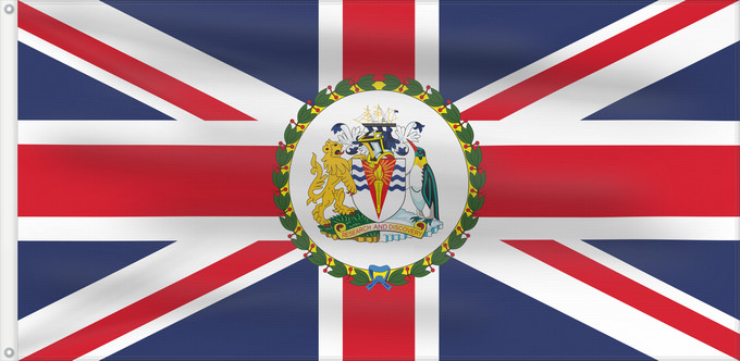 Bandera, con dos ojales metálicos y lado del asta reforzado: Commissioner of the British Antarctic Territory Commissaire du Territoire antarctique britannique Comisionado del Territorio Antártico Británico Kommissar des Britischen Antarktis-Territoriums Commissario del Territorio Antartico Britannico British Antarc