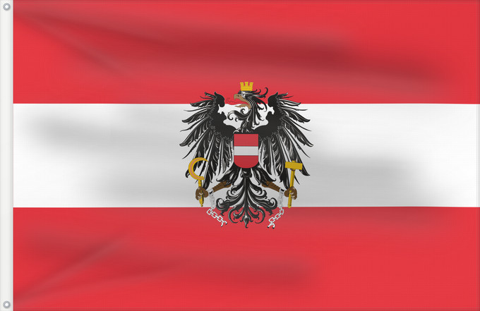 Bandera, con dos ojales metálicos y lado del asta reforzado: Austria  state, variant	State flag of Austria; Version with a more artistic version of the coat of arms	Autriche (drapeau d'État de service, variante)	Austria (bandera estatal de servicio, variante)	Dienstflagge der Republik Österreich; Variante mit künst