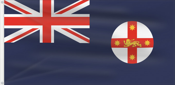 Bandera, con dos ojales metálicos y lado del asta reforzado: New South Wales	And government ensign  internal waters only  of New South Wales	Nouvelle-Galles du Sud	Nueva Gales del Sur	New South Wale	Nuovo Galles del Sud