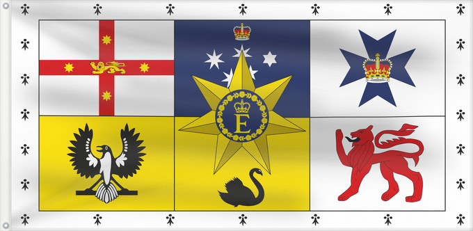 Bandera, con dos ojales metálicos y lado del asta reforzado: Royal Standard of Australia  1962–2022	Queen Elizabeth II s personal flag for Australia	Étendard Royal d'Australie (1962–2022)	Estandarte Real de Australia (1962–2022)	Königsstandarte von Australien (1962–2022)	Stendardo Reale d'Australia (1962–2022)