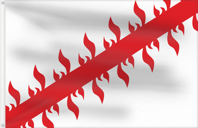 Bandera, con dos ojales metálicos y lado del asta reforzado: Ville be Mouscron	The municipal flag of Mouscron in Belgium is white with a red diagonal bar bristled up with flames	Ville de Mouscron en Belgique  Blanc à la barre hérissée de flammes	Mouscron