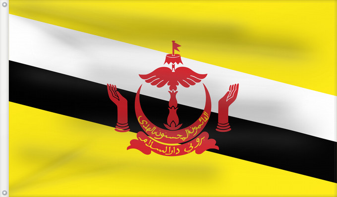 Bandiera, con due occhielli metallici e lato dell'asta rinforzato: Brunei	Brunei Darussalam	Brunéi	علم بروناي	Bruneis	Brunein	브루나이의 국기	Bruney	Brunei / بنديرا بروني	ဘရူနိုင်းနိုင်ငံ၏ အလံတော်	Флаг Брунея	Bruneja	புரூணை கொடி	ธงชาติบรูไนดารุสซาลาม	Watawat Brunay	Cờ Brunei	​文莱国旗