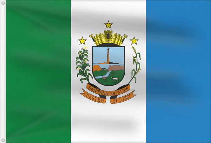 Bandera, con dos ojales metálicos y lado del asta reforzado: Castro Parana Brasil	Castro (Paraná)	Armas do Município de Castro no Estado do Paraná