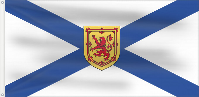 Drapeau, avec deux œillets métalliques et guindant renforcé : Nova Scotia Nouvelle-Écosse Nueva Escocia Banniel proviñs Skos-Nevez Nova Scotia