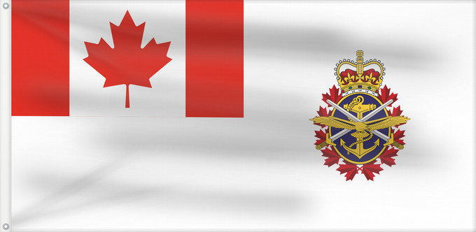 Drapeau, avec deux œillets métalliques et guindant renforcé : Canadian Forces	Joint service flag of the Canadian Forces	Drapeau de service interarmées des Forces canadiennes	Bandera de servicio conjunto de las Fuerzas Canadienses	Gemeinsame Dienstflagge der kanadischen Streitkräfte	Bandiera di servizio congiunto del